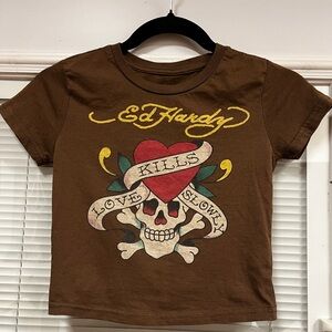 Y2K Ed Hardy “Love Kills Slowly” Vintage Brown Graphic Tee